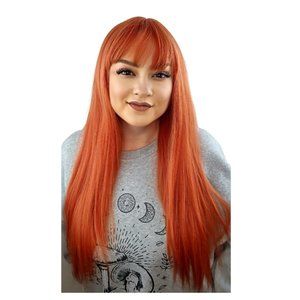 Fire Orange Long Straight Bangs Heat Safe Glueless Synthetic Hair Wig